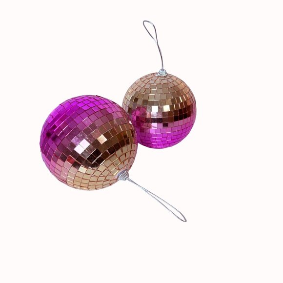 Set Of 2 Disco Ball Christmas Ornaments 8 Inch Ombre Pink Hanging New Years Eve - Picture 6 of 11